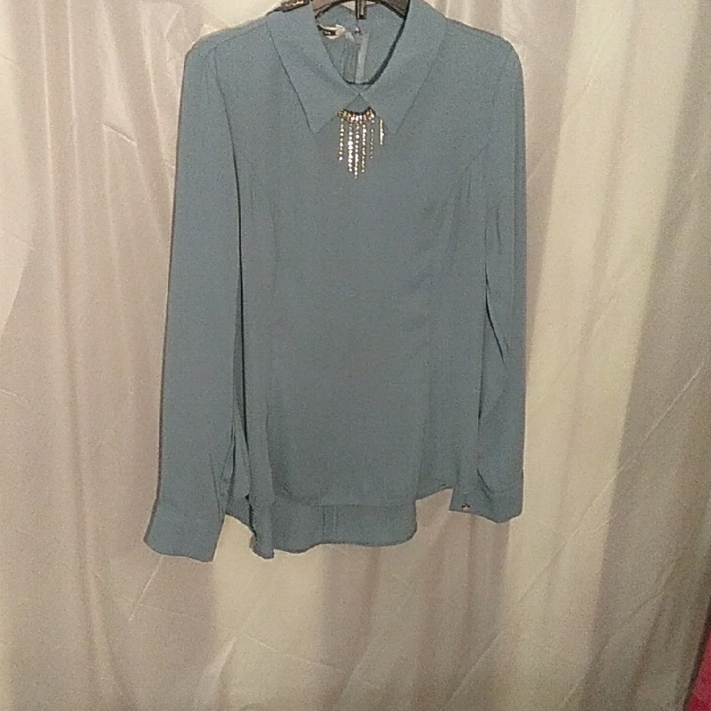 Blue Peter Pan Collar Blouse with Rinestone Attached Necklace.  Long Sleeves.